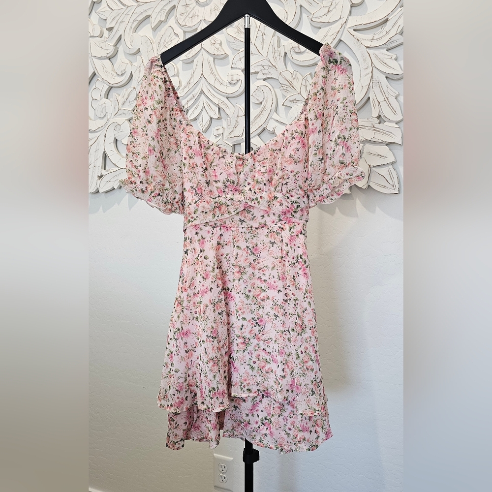 NWT Pink/Green Floral Mini Babydoll On/Off-Shoulder Vintage Look Dress Sz Large - Picture 1 of 5